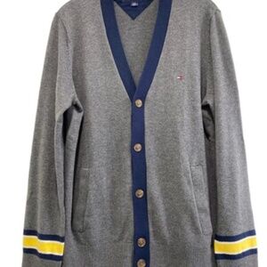 Tommy Hilfiger Men’s V-Neck Buttoned Cardigan Gray Blue Yellow Varsity  Large